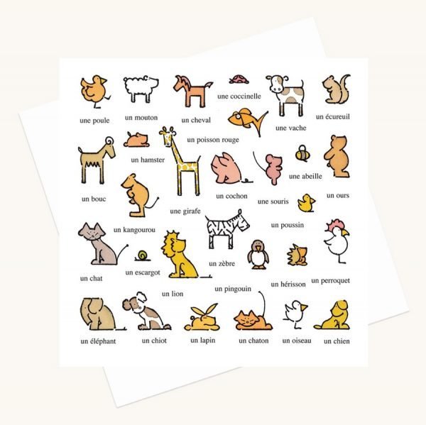 animal illustrations greeting card words in French