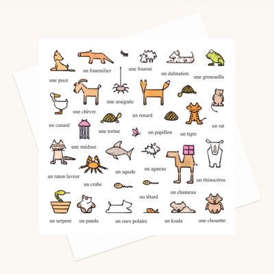 animal illustrations greeting card words in French any occasion