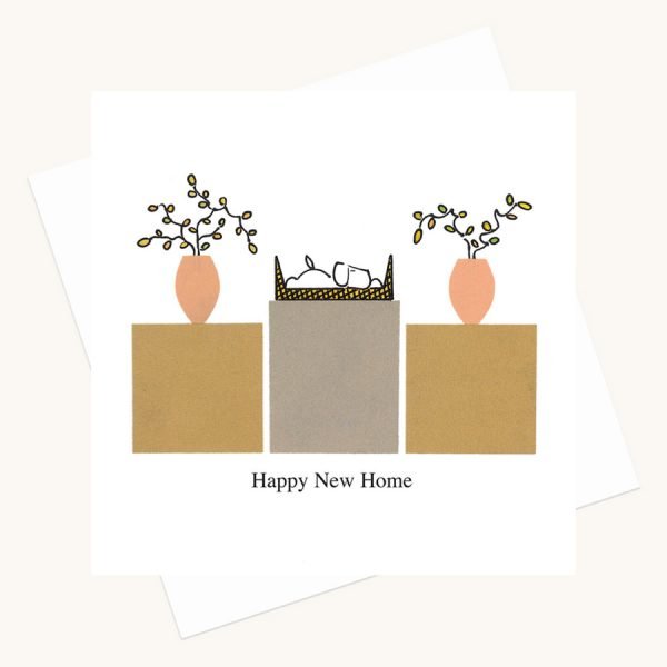 happy new home greeting card dog in basket boxes plants