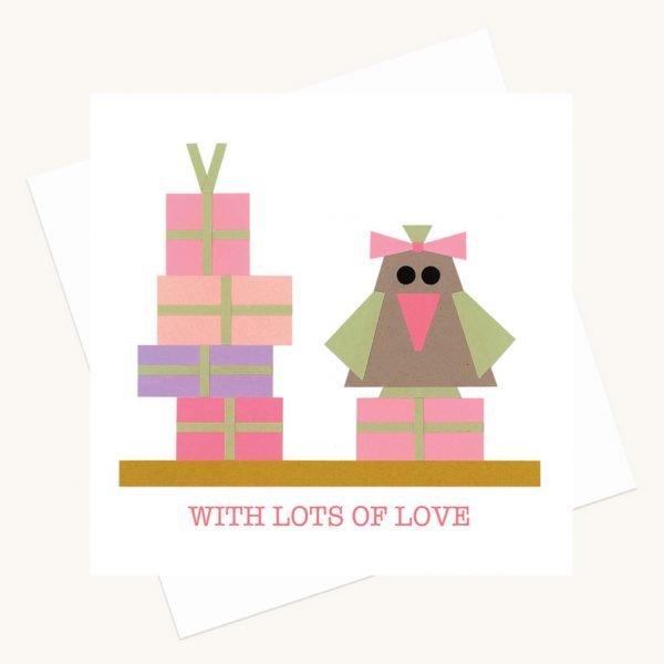 with lots of love greeting card bird with bow pink presents